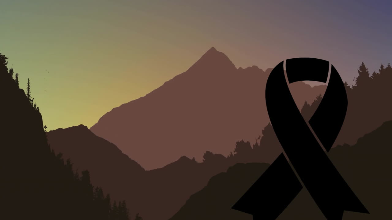 Black ribbon symbolizing mourning overlaying mountain landscape at sunset in animation
