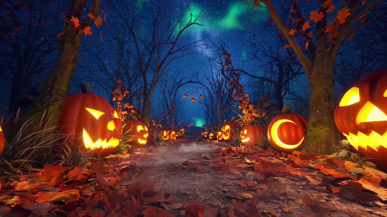 Sentiero spettrale di Halloween costeggiato da jack-o'-lantern luminose sotto l'aurora boreale