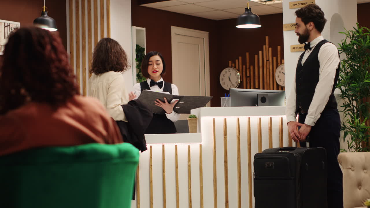 Tourist arriving in hotel lounge