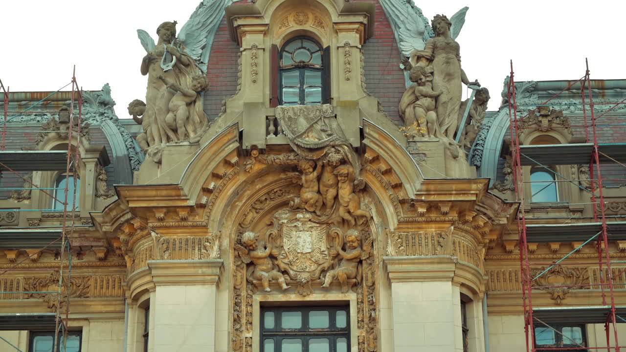 The tip of the Cantacuzino Palace under reconstruction in Bucharest, Romania