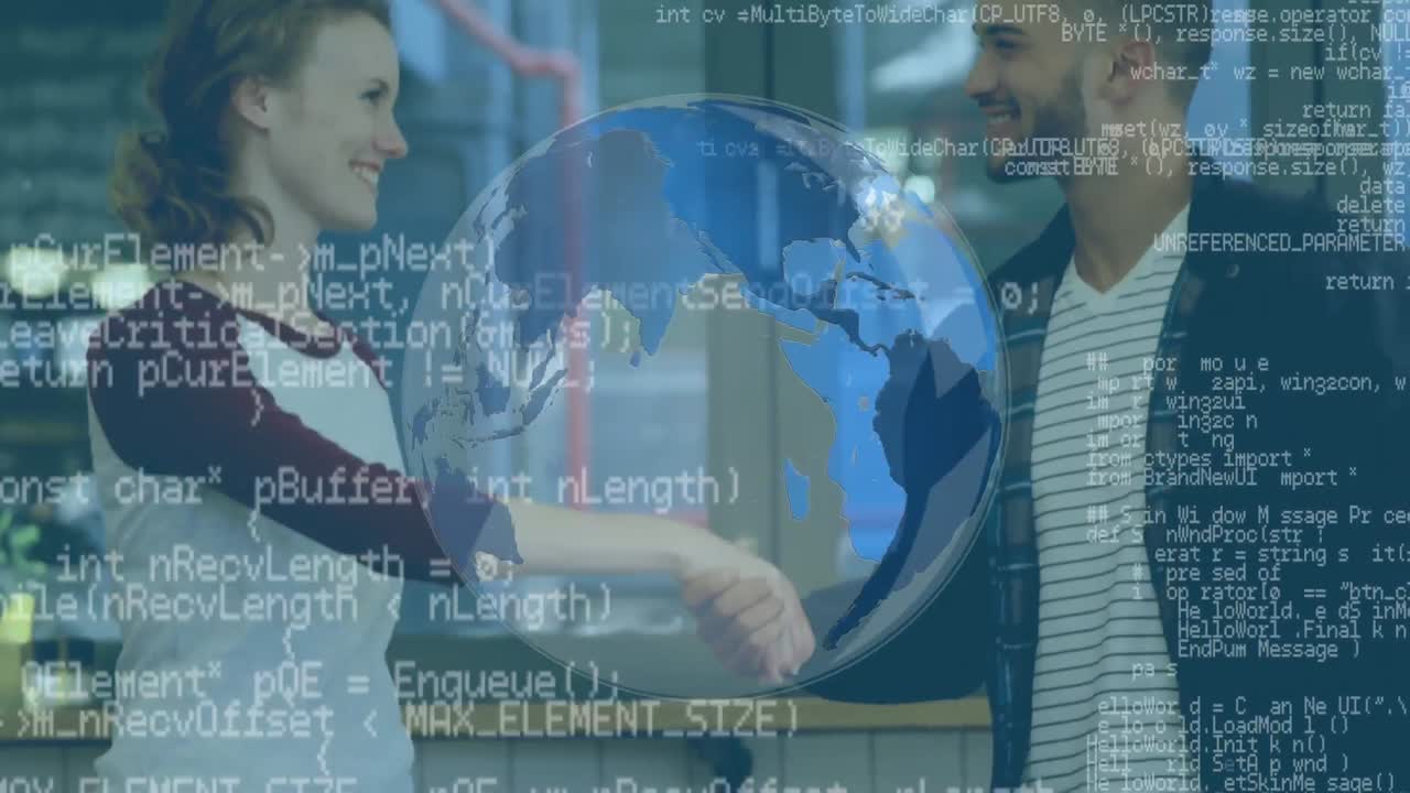 hombre y una mujer y un globo con códigos de programa