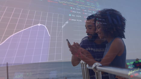 animation of financial data processing over biracial couple using smartphone