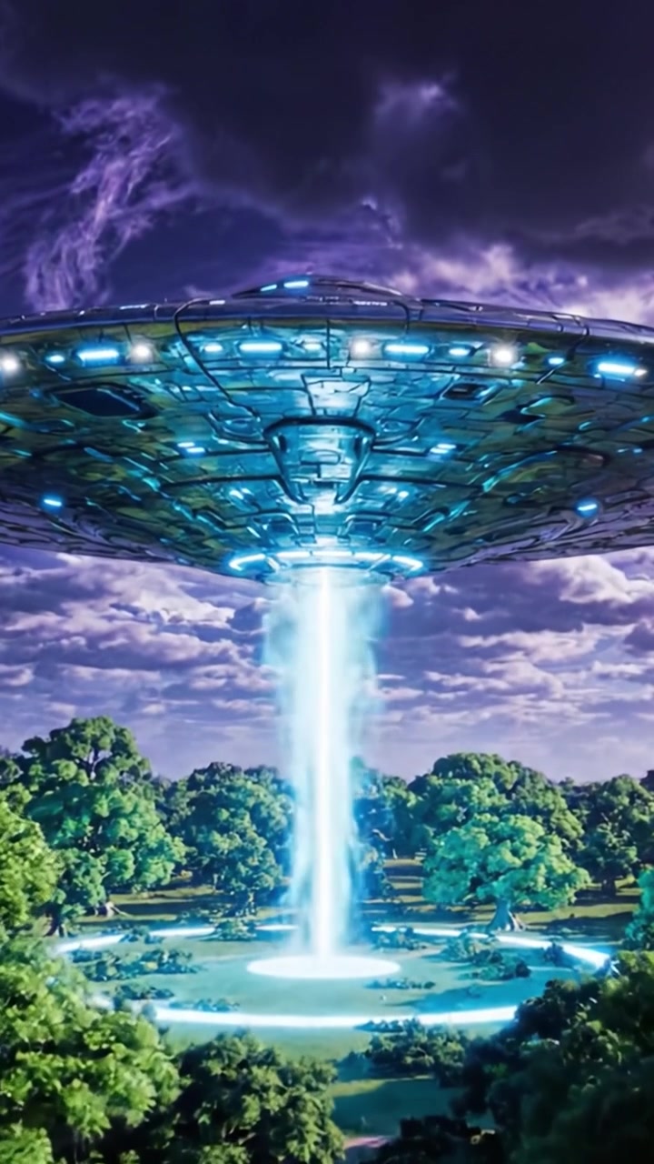 A Mysterious UFO Descends Over a Lush Landscape, Surrounded by Thick Trees, Amidst a Dramatic Sky Filled with Dynamic Cloud Patterns and Light Effects