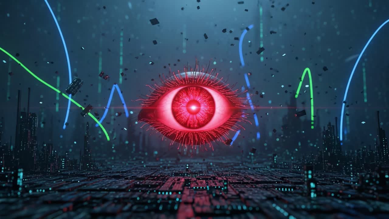 A Captivating Glimpse into a Futuristic Cybernetic World Featuring an All-Seeing Eye Surrounded by Vibrant Lines and a Digital Landscape of Mystery and Intrigue