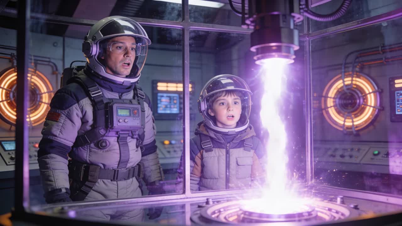 Osservando un adulto e un bambino dietro un vetro in tute, mentre un emettitore si attiva su un veicolo spaziale e il plasma si alza.
