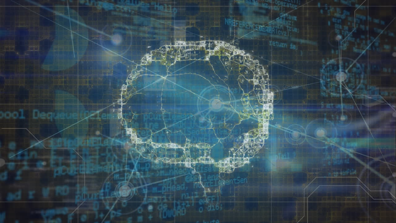 Animation of network of connections and data processing against spinning human brain