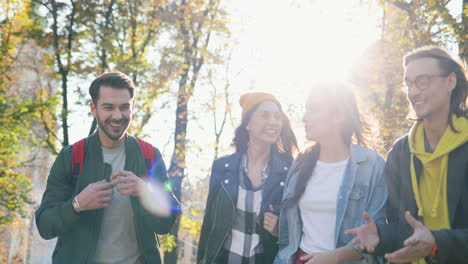 Junge-Gruppe-Von-Freunden,-Die-Im-Herbst-Im-Park-Spazieren-Gehen-Und-Reden