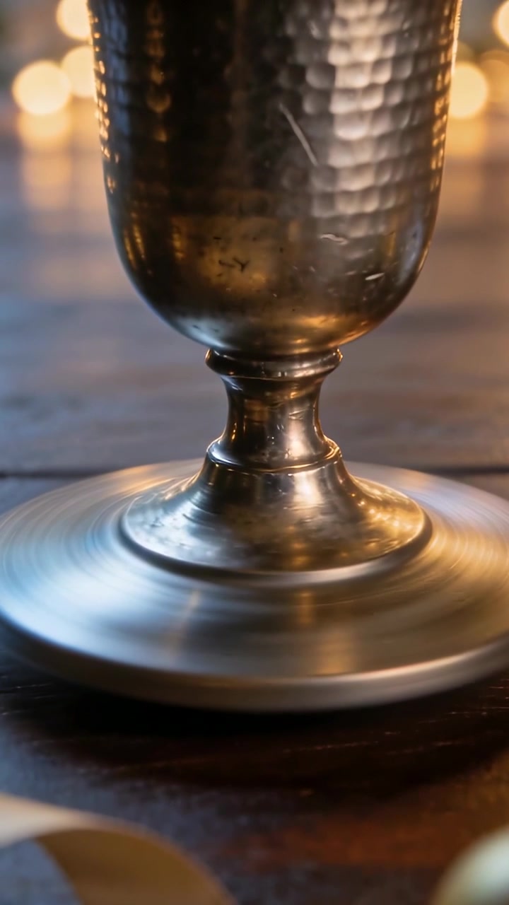 Vertical video: Play rotating goblet foot showing shifting shine on table at home, ribbon ornament
