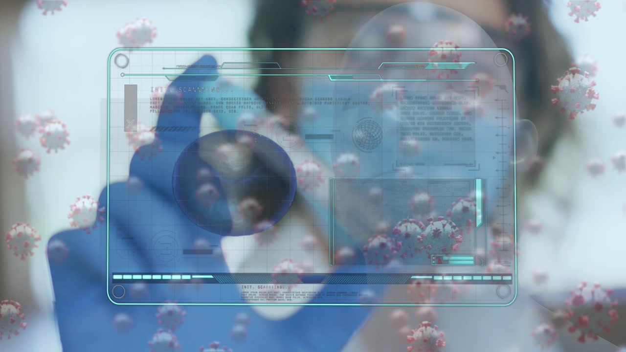 Animation of covid 19 cells and data over caucasian female doctor in face mask