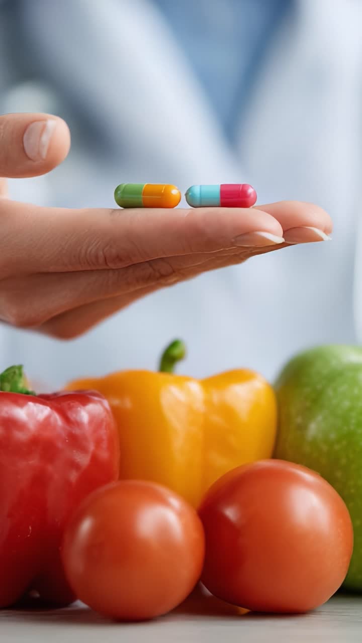 Equilibrio e salute: combinare integratori e prodotti freschi per un’alimentazione e un benessere ottimali, mostrando capsule colorate tra frutta e verdura fresche