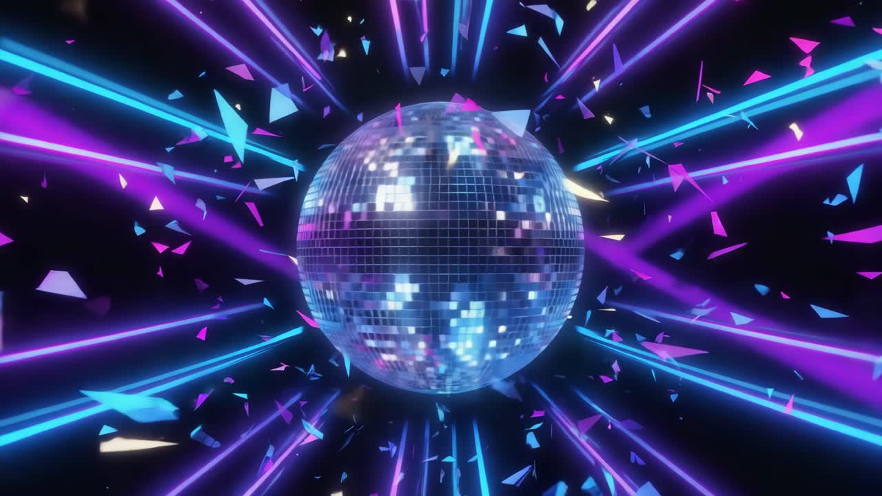 Vibrant Disco Ball with Neon Lights and Abstract Confetti