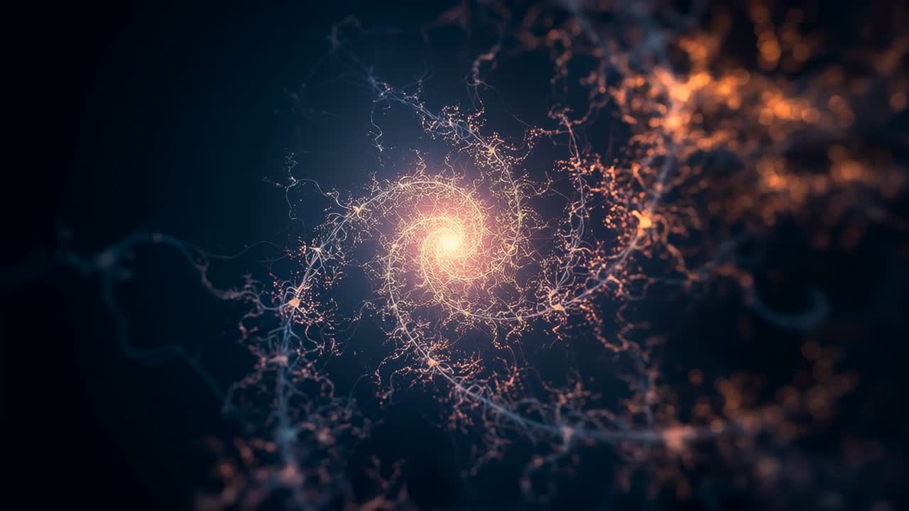 Spirale luminosa rotante frattale che illumina filamenti blu-arancio dopo la formazione del nucleo nel vuoto blu scuro