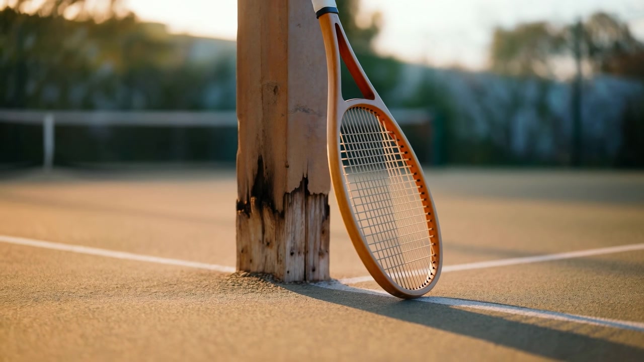 A tennis racket rests on a wooden post in a serene outdoor tennis court, viewed from a slightly elevated side angle. The scene features a calm and peaceful atmosphere with brown, tan, green.