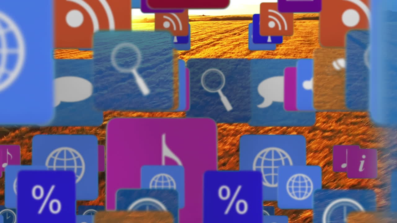 animación de iconos digitales flotando sobre el paisaje