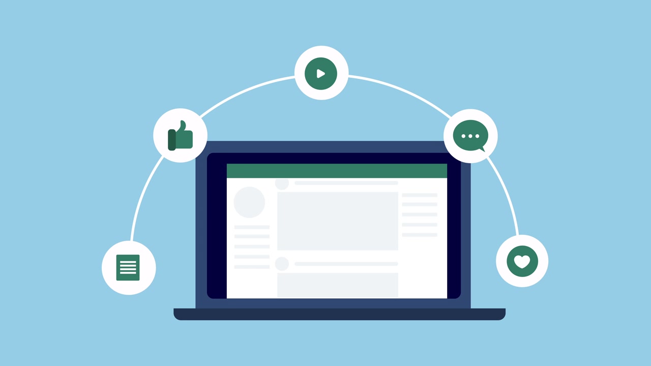 Laptop animato con icone di social media che appaiono in loop.