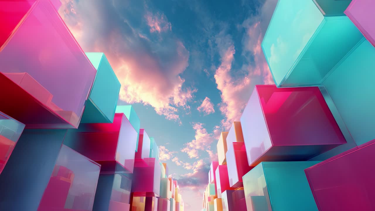 A Vibrant Journey Through Colorful Transparency: Exploring the Intersection of Glassy Cubes Underneath a Dynamic Sky Filled with Clouds and Light, Illuminating the Path Between Digital Dimensions and Creative Spaces