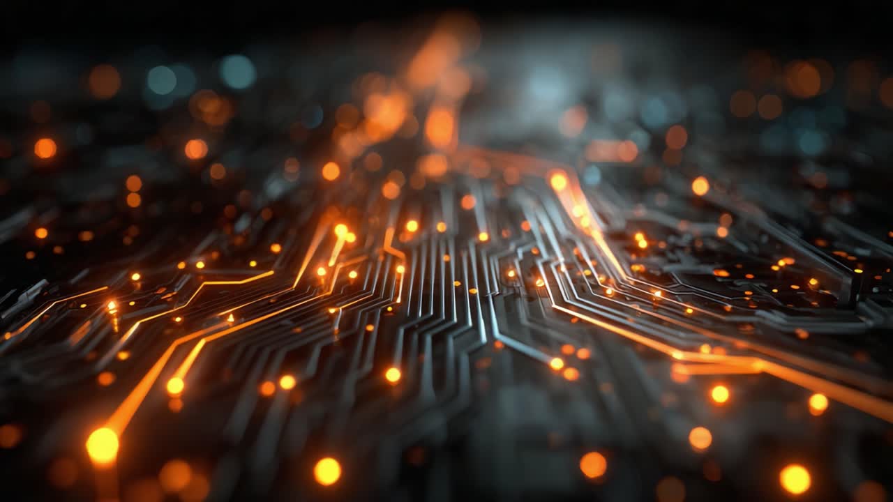 Captivating Close-up of a Circuit Board Illuminated with Vibrant Orange Lights, Showcasing Advanced Technology and Connectivity in a Dazzling Display