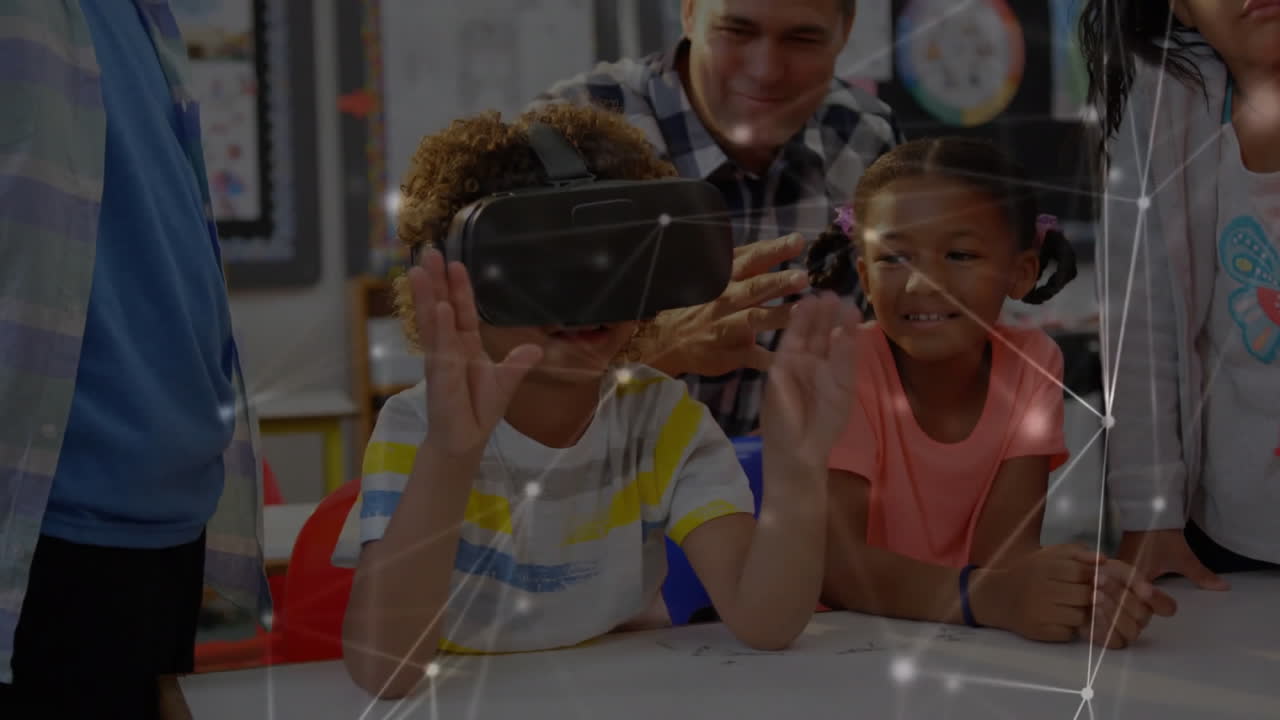 red de conexiones con un escolar que lleva auriculares vr