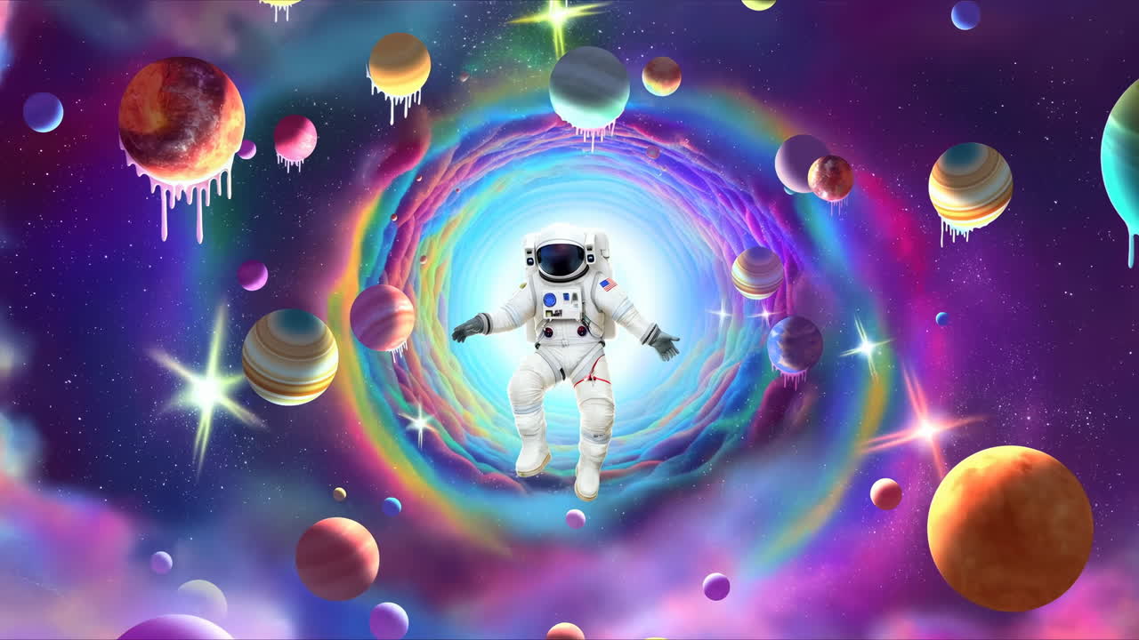 Astronautti leijuu sateenkaarenvärisen avaruusportaalin sisällä, värikkäiden planeettojen, tippuvien pallojen ja sumun hehkun ympäröimänä