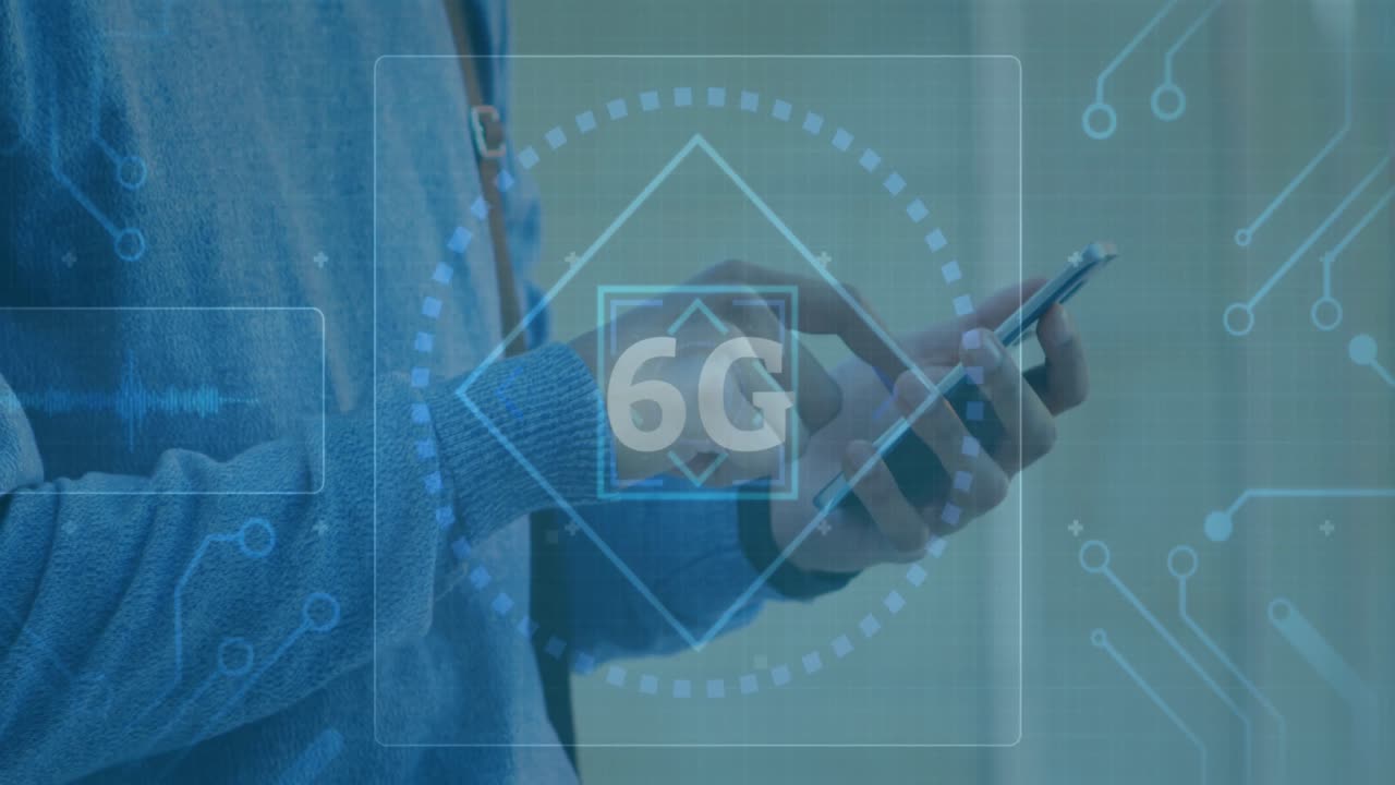 animación de texto de 6g con alcance y interfaz móvil sobre el hombre usando un teléfono inteligente
