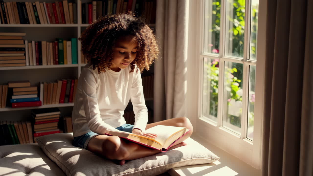 A young girl reading a book by a sunny window in a home library