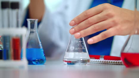 la mano del científico tomando el frasco de laboratorio de la mesa en el laboratorio