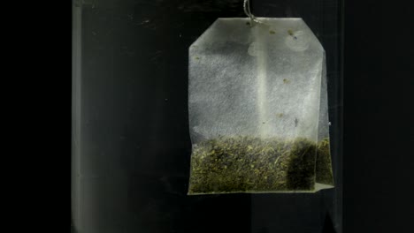 close-up of a tea bag steeping in a glass of water