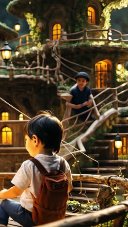 a child explores a whimsical village nestled in the forest during twilight