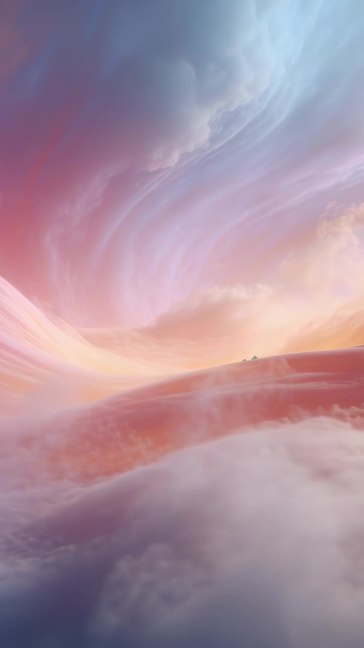 Video verticale: Vortice di nuvole pastello che fluttuano sull'acqua specchiata all'alba, con bande di colore cangianti.