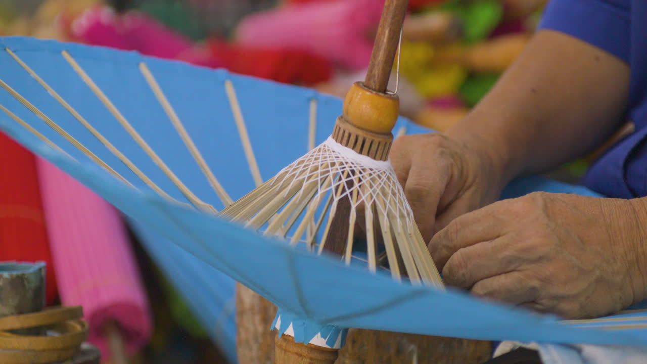 Handmade Colorful Umbrellas With Bamboo Frames In Bo Sang Near Chiang Mai, Thailand. Close-up Shot