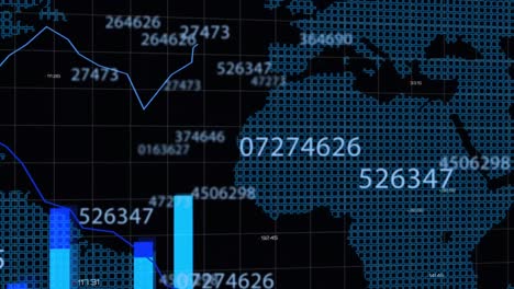 Animación-De-Números-Cambiantes-Y-Procesamiento-De-Datos-Estadísticos-Contra-El-Mapa-Mundial-Sobre-Fondo-Negro