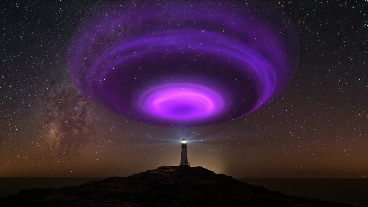 Anelli viola si formano sopra un faro di notte, allargandosi, con un raggio che pulsa su una scogliera rocciosa e la Via Lattea a sinistra.
