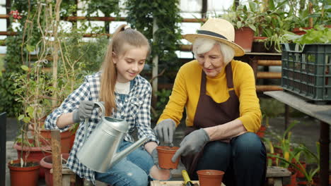 granddaughter and grandmother gardening together in greenhouse