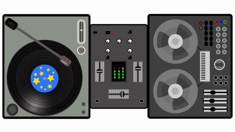 Animated DJ mixer with vinyl records and reel to reel tape recorder