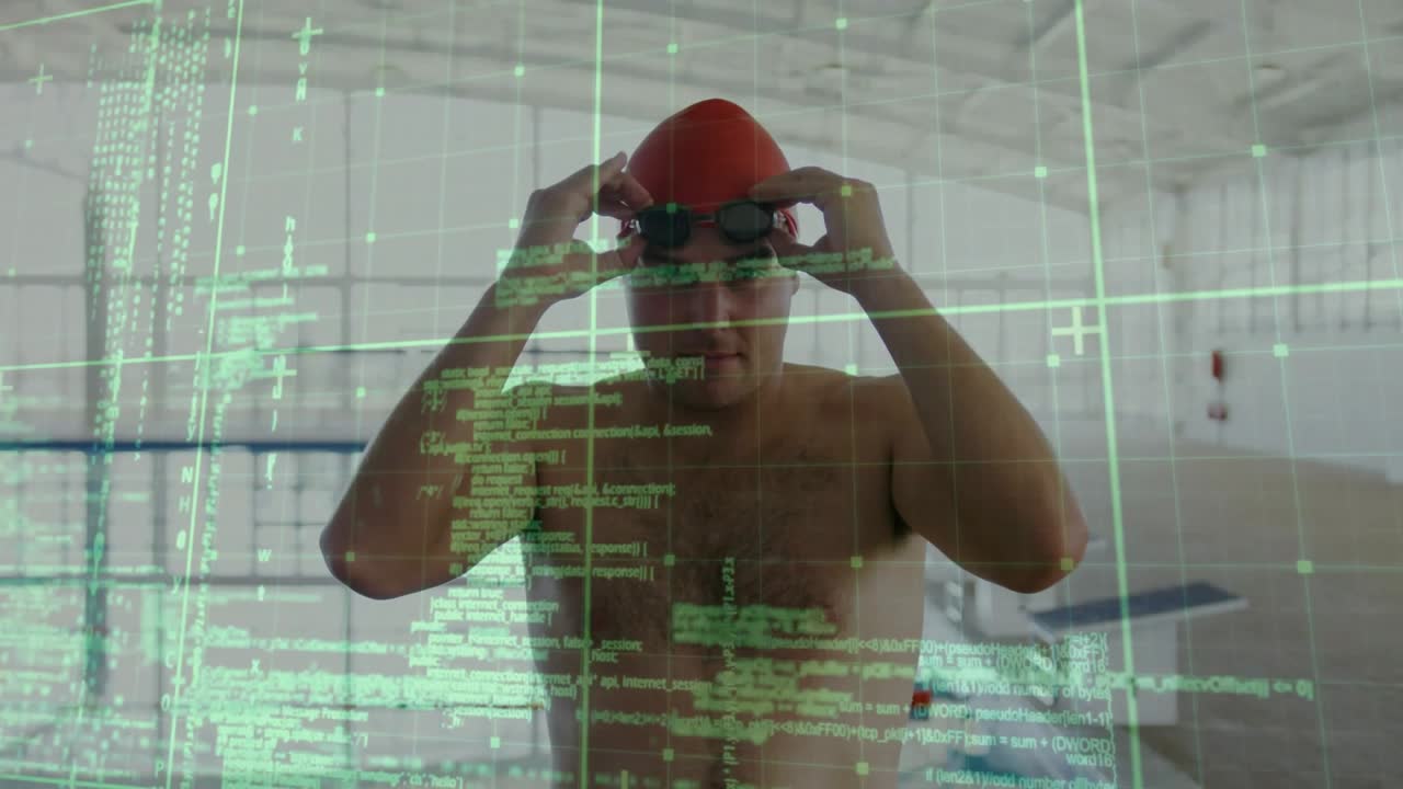 Male swimmer raising hands then fitting goggles in pool while preparing, HUD overlay aligning fit