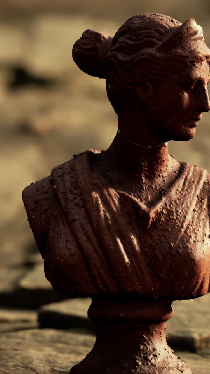 Primo piano di una piccola statua di busto femminile consumata dal tempo