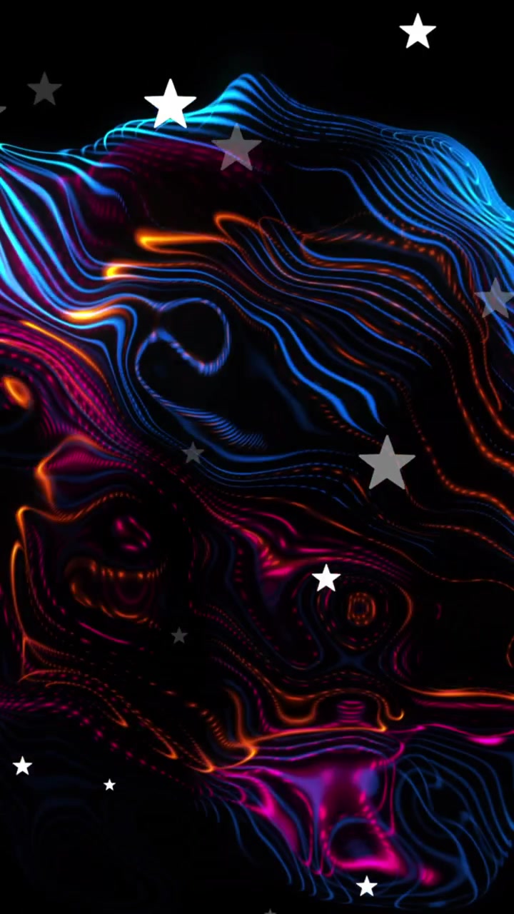 Futuristický abstraktní vzor modrých, oranžových a růžových neonových linií s hvězdami