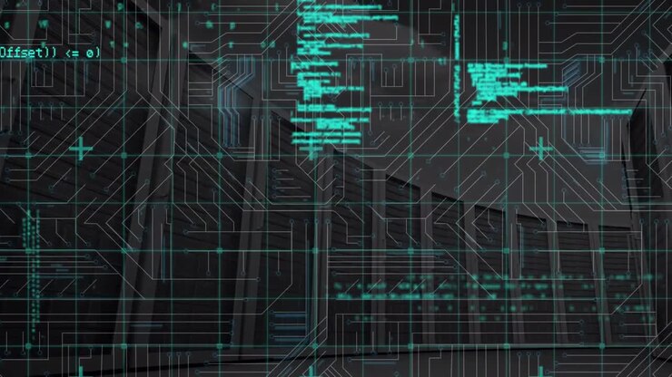 Animation of data processing over integrated circuit in green and black space