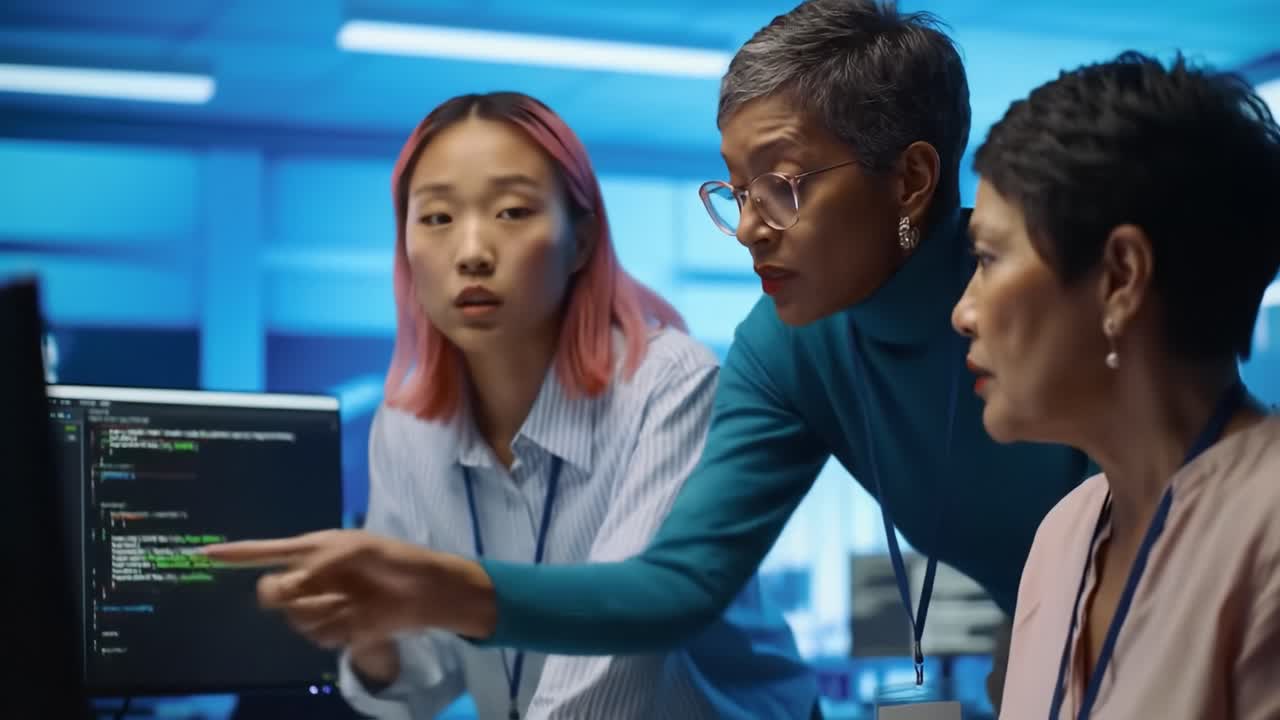 Collaborative Team Discussing Complex Data Insights in Modern Tech Environment, Highlighting Diverse Perspectives and Innovative Problem-Solving Approaches