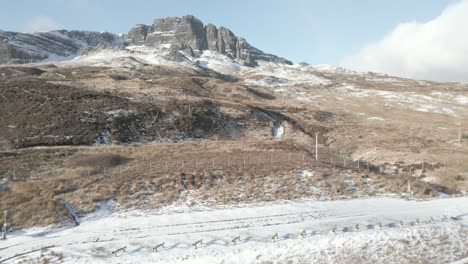 Snow-dusted-landscape-with-the-iconic-Old-Man-of-Storr-rock-formation-on-the-Isle-of-Skye,-Scotland,-under-a-clear-sky