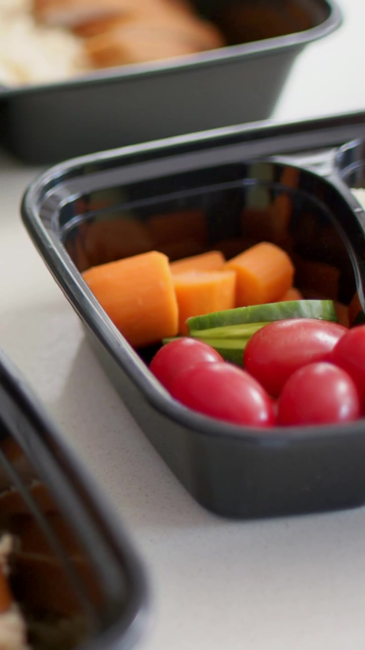 Vertical video: Panning camera showing black box on white table with grain meat and veg for meals