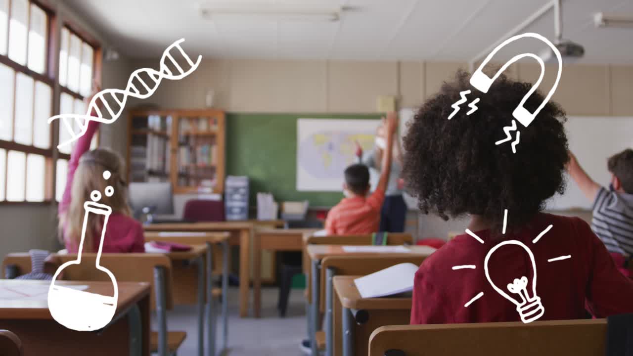 animación de elementos escolares iconos que se mueven sobre los escolares que llevan máscaras faciales