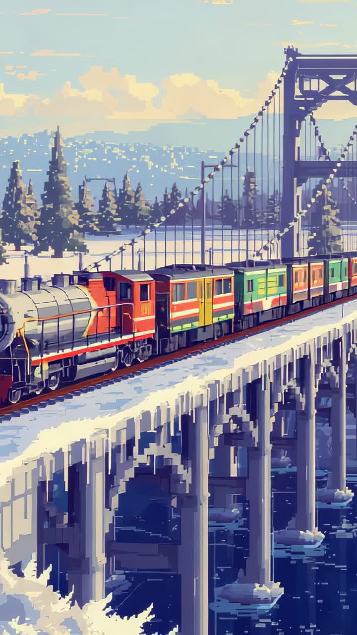 Video verticale: entrando da sinistra, locomotiva rossa e vagoni colorati che attraversano un ponte sospeso con persone a bordo