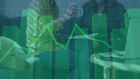 financial graph animation over people discussing business in office