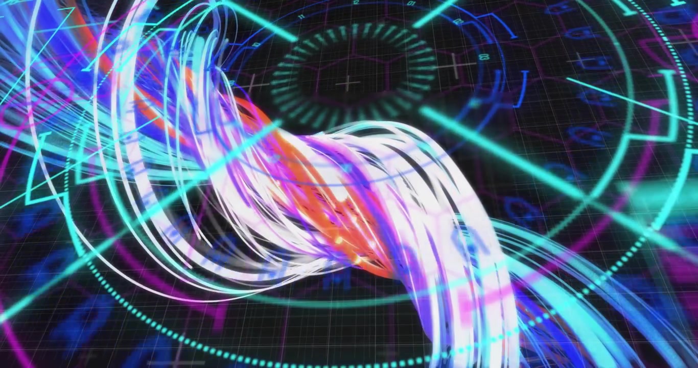 Animation of scope scanning with shapes over light trails on black background