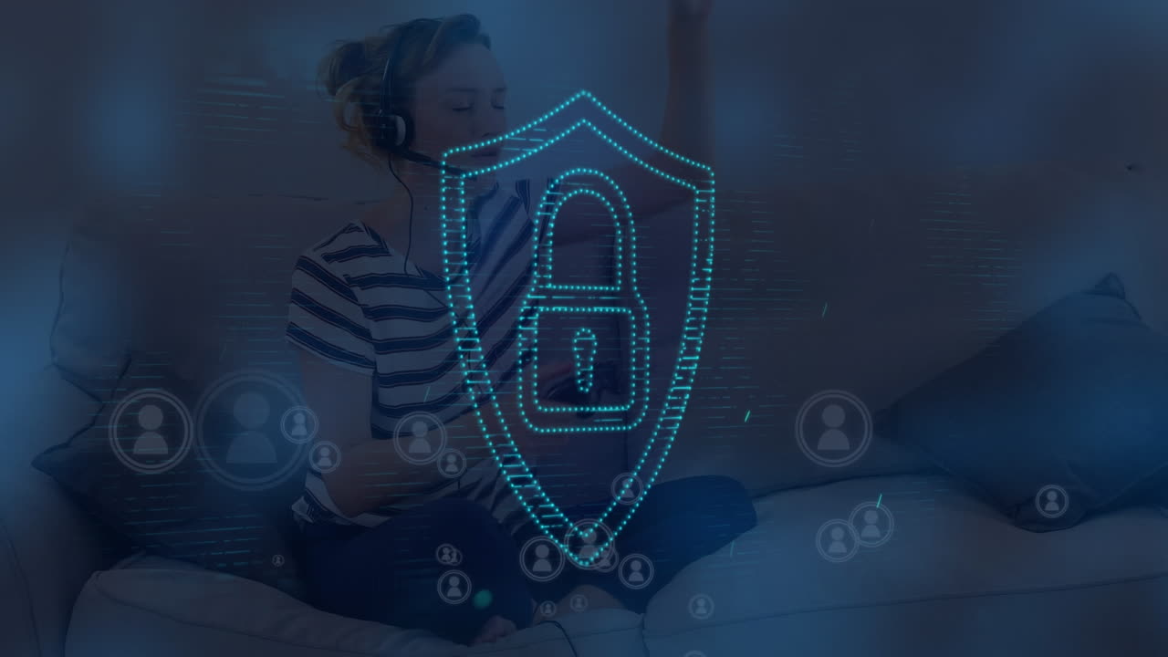 animación de candado e iconos sobre mujer caucásica jugando videojuegos usando auriculares de teléfono