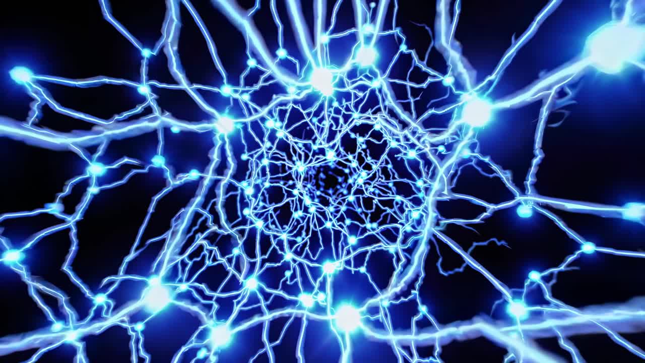 Video dinamico di fulmini blu elettrico che convergono in un vortice