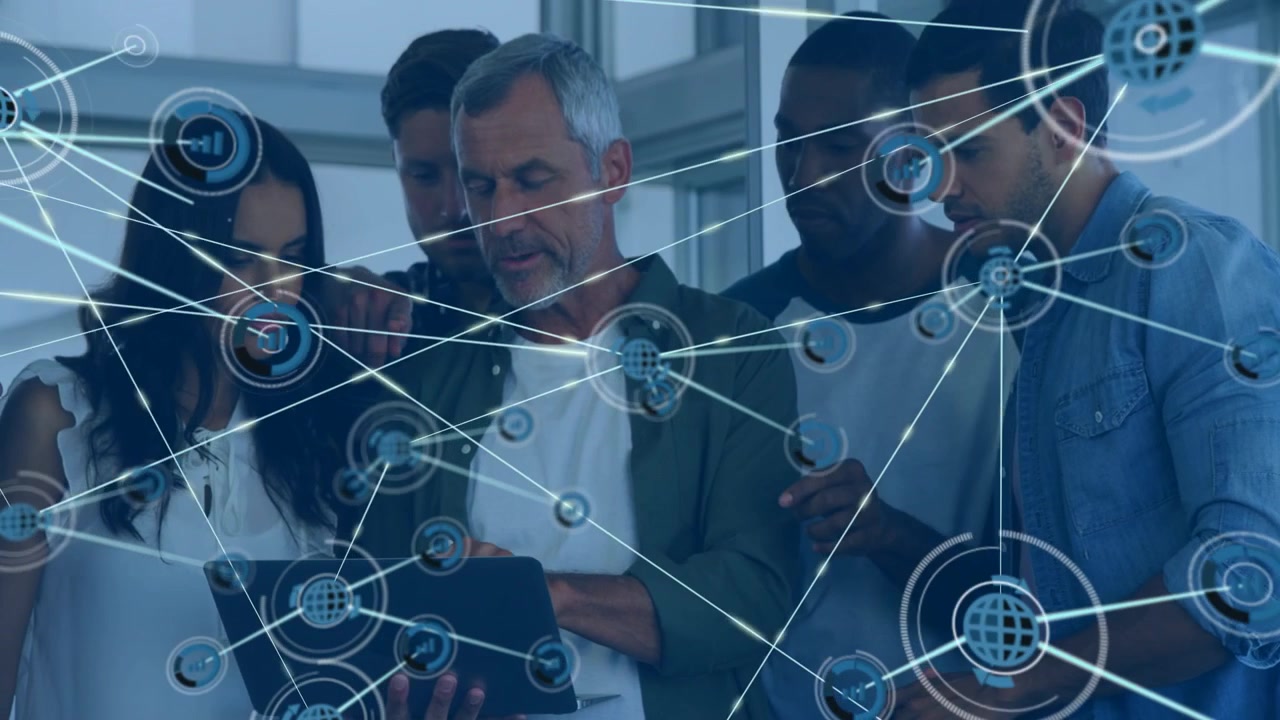 Mature man tapping tablet, team pointing, generating network expanding over team for tech review