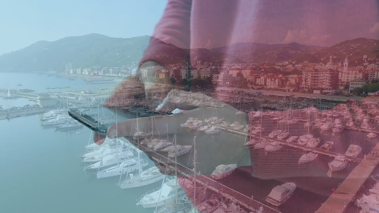 animación de un hombre usando un teléfono inteligente sobre el paisaje urbano