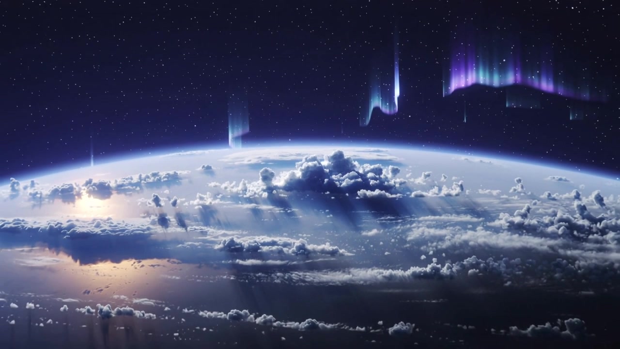 Panning camera showing cumulus bank on planetary limb, teal aurora intensifying over ocean glint